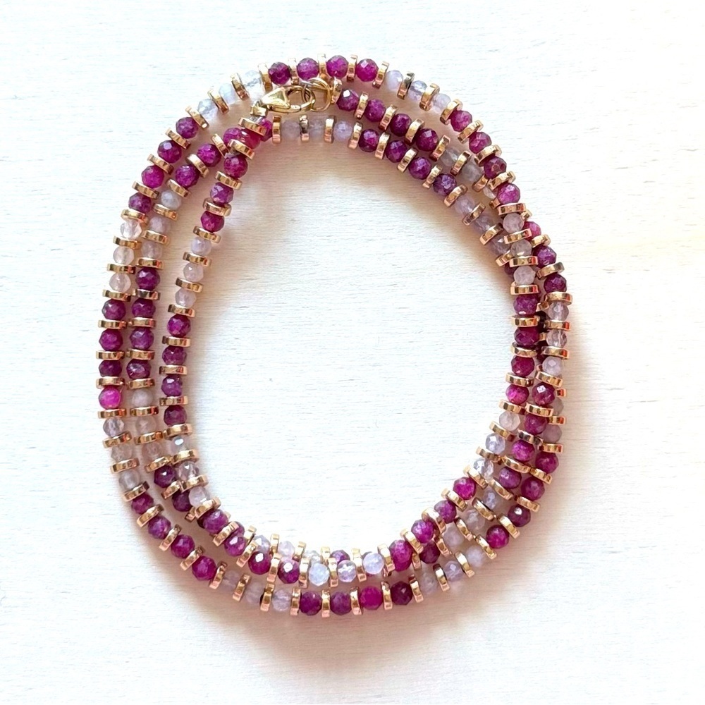 💎 Ruby & Amethyst Wire-Wrap Bracelet/Necklace w/ Gold Hematite – Luxury Boho